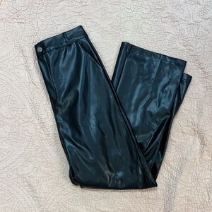 Women's High Rise Black Faux Leather Straight Wide Leg Trousers with Pockets